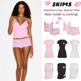 Skims Women Kardashian same style sleep Valentine Day red lip wooden ear pendant tank top and shorts set Hollow heart and long pants set