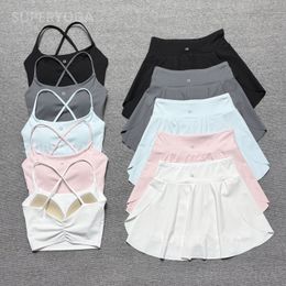 alosetismity Women Clothes Yoga Outfit Sports Bra Pleated Tennis Skirt Set Cutout Waist Tank Tennis Dress Shorts Quick Dry Running Fitness Workout Sportswear
