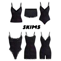 skims Women Sleeveless Camisole Bodysuit Set Solid Polka Dot Spaghetti Strap Tank Tops Stretchy Slim Fit Casual Daily Wear Basic Undershirt Skimss set
